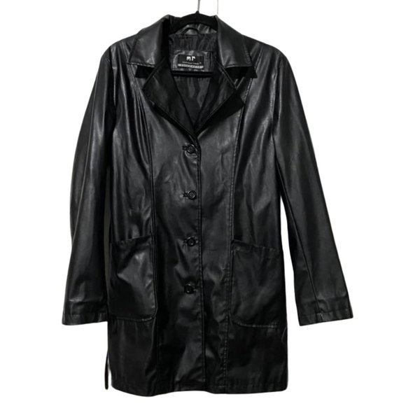 Marcelle Renee Classic Black Faux Leather Trench Coat Belted Jacket Medium M - Picture 6 of 14